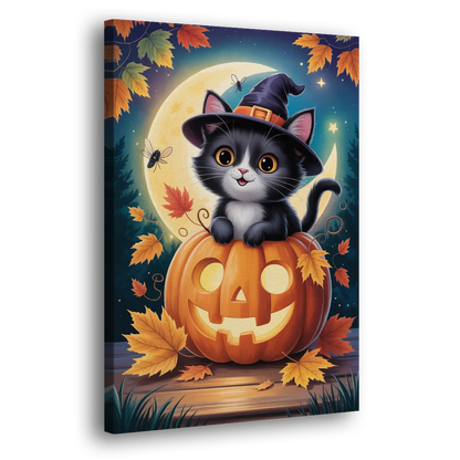 Whimsical Black Cat Cute Halloween Side - Canvas Wall Art