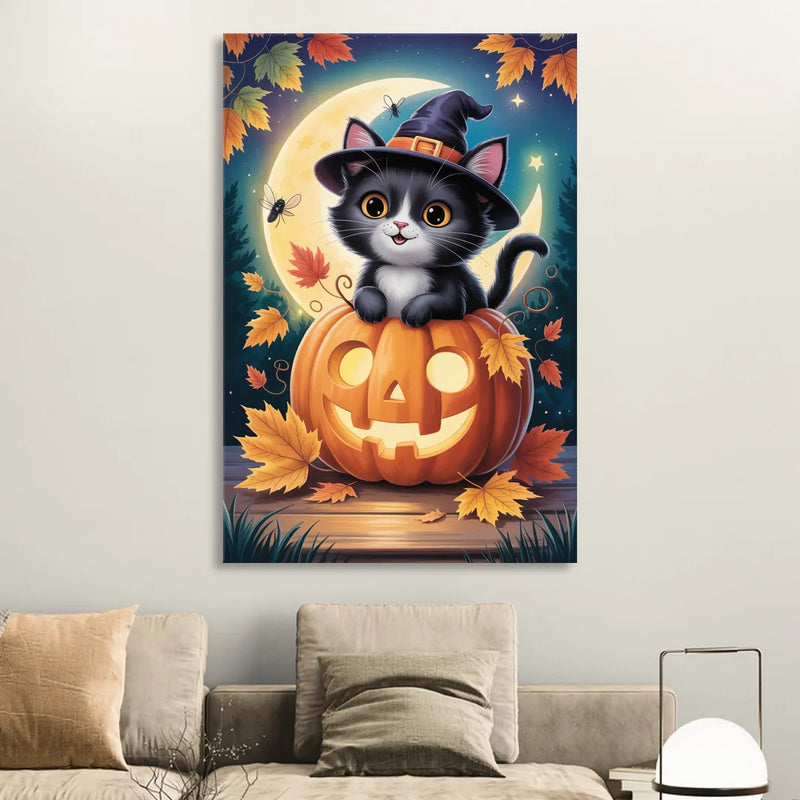 Whimsical Black Cat Cute Halloween Living Room - Canvas Wall Art