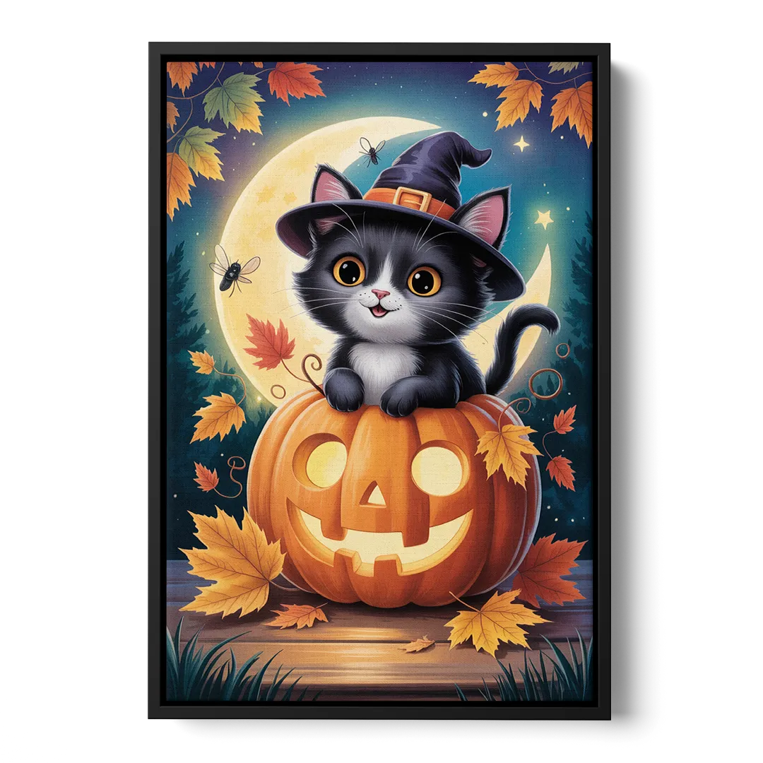 Whimsical Black Cat Cute Halloween Front - Black Canvas Wall Art