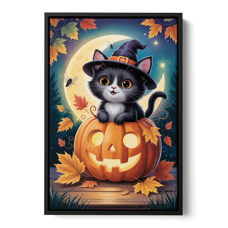 Whimsical Black Cat Cute Halloween Front - Black Canvas Wall Art