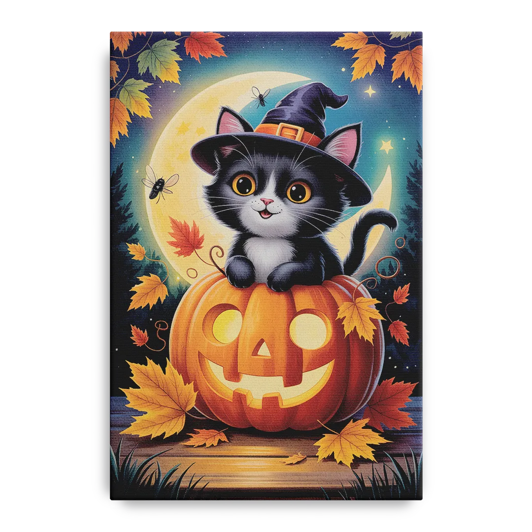 Whimsical Black Cat Cute Halloween Front - Canvas Wall Art