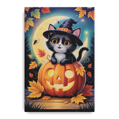Whimsical Black Cat Cute Halloween Front - Canvas Wall Art