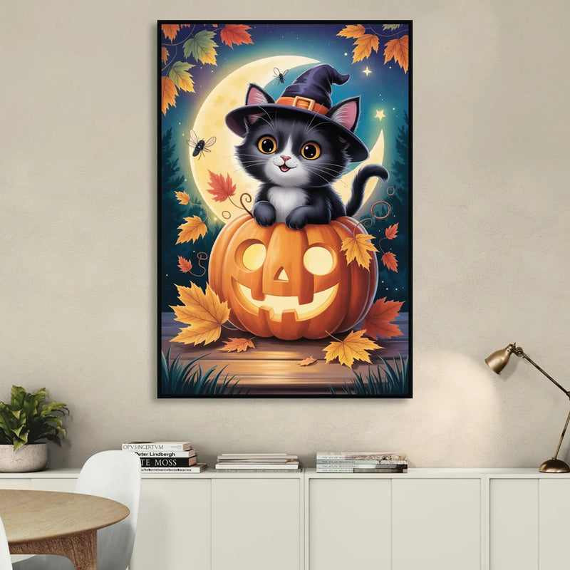 Whimsical Black Cat Cute Halloween Living Room - Black Canvas Wall Art
