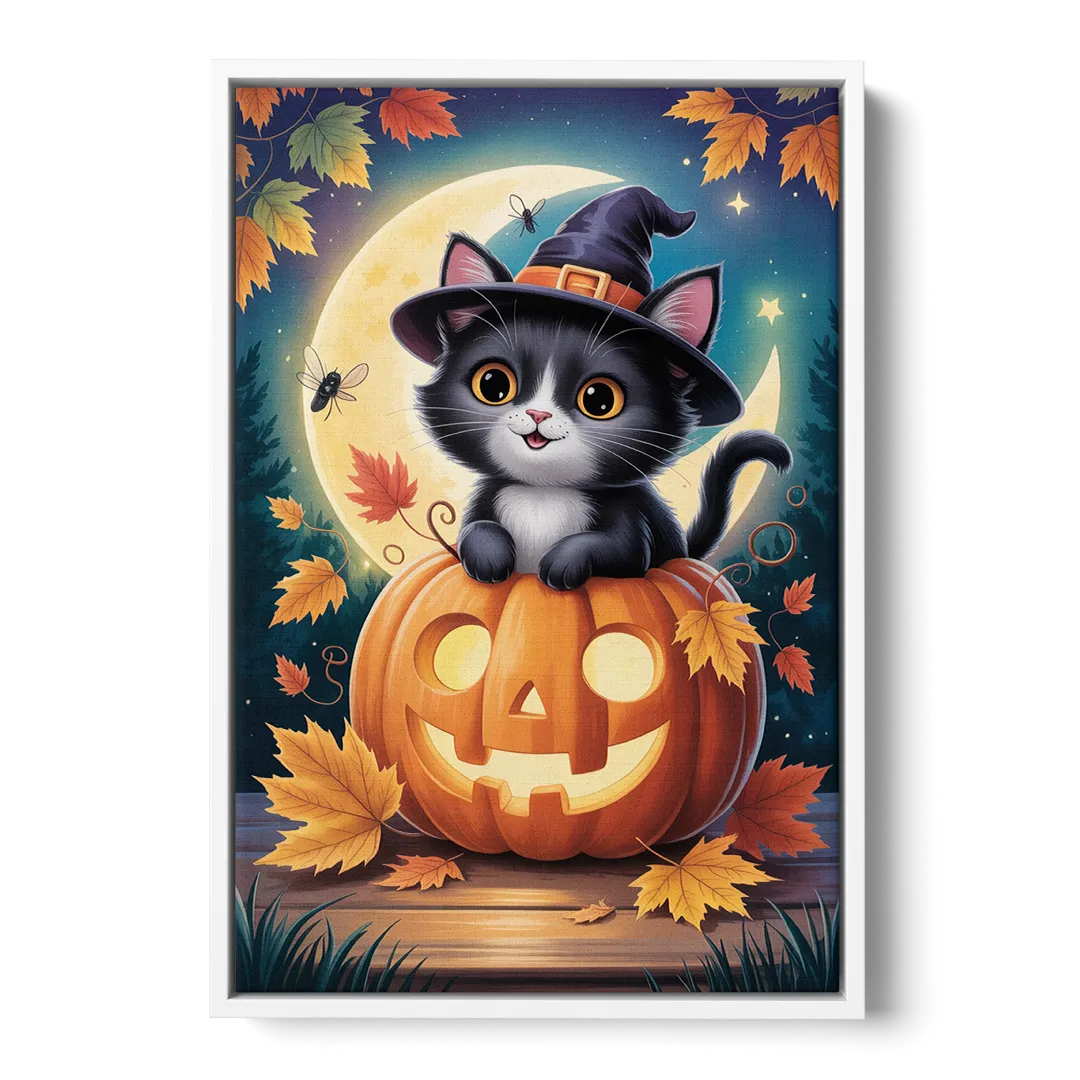 Whimsical Black Cat Cute Halloween - White Frame Canvas