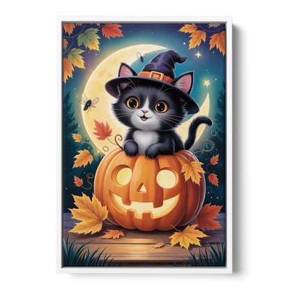 Whimsical Black Cat Cute Halloween - White Frame Canvas