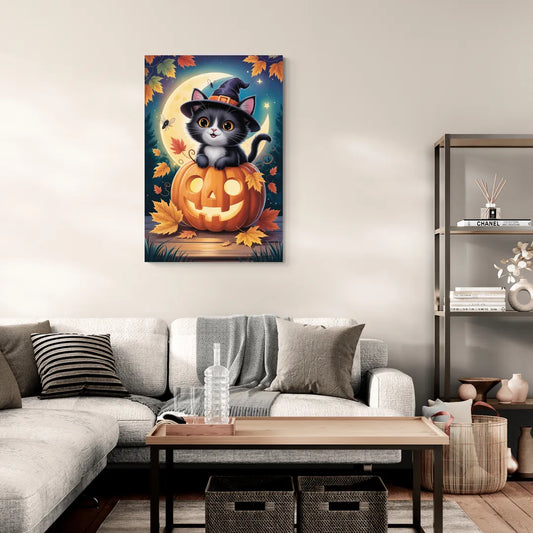 Whimsical Black Cat Cute Halloween - Canvas Wall Art Living Room
