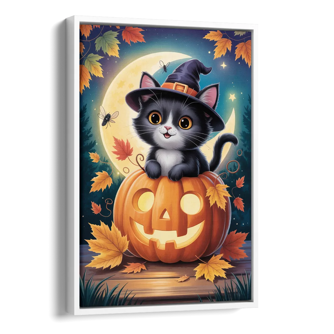 Whimsical Black Cat Cute Halloween Side - White Canvas Wall Art