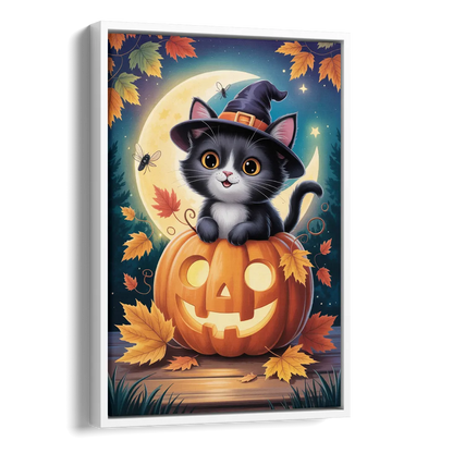 Whimsical Black Cat Cute Halloween Side - White Canvas Wall Art