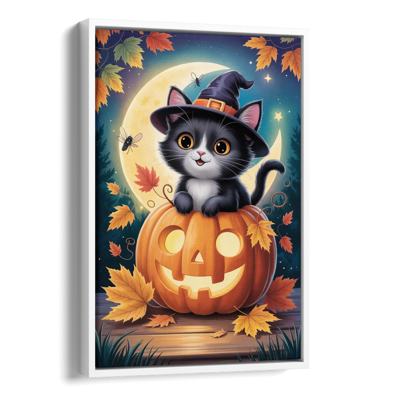 Whimsical Black Cat Cute Halloween Side - White Canvas Wall Art