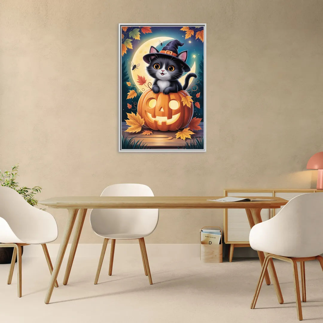 Whimsical Black Cat Cute Halloween - Living Room White Frame Canvas