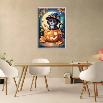 Whimsical Black Cat Cute Halloween - Living Room White Frame Canvas