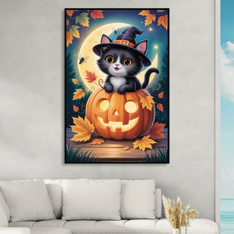 Whimsical Black Cat Cute Halloween Sitting Room - Black Canvas Wall Art