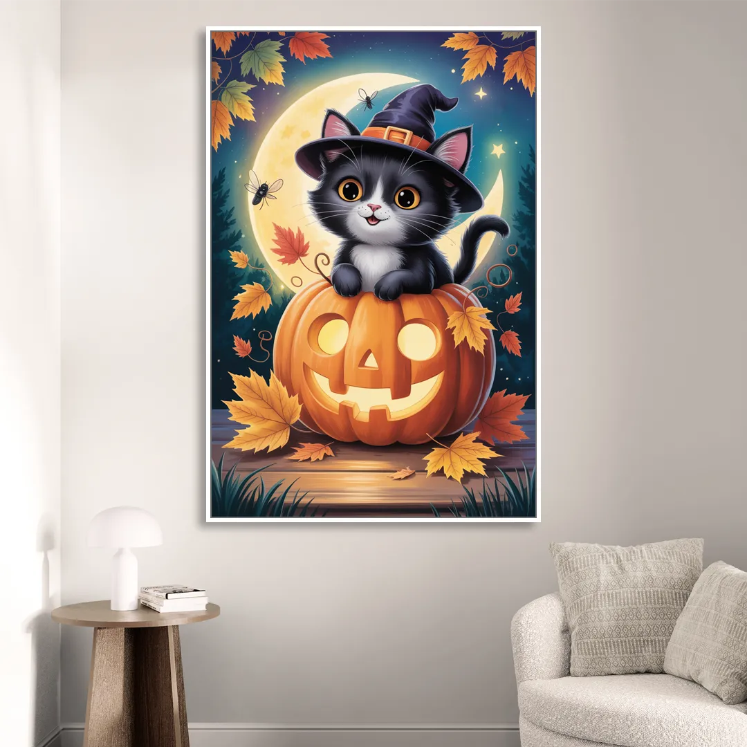 Whimsical Black Cat Cute Halloween Living Room - White Canvas Wall Art