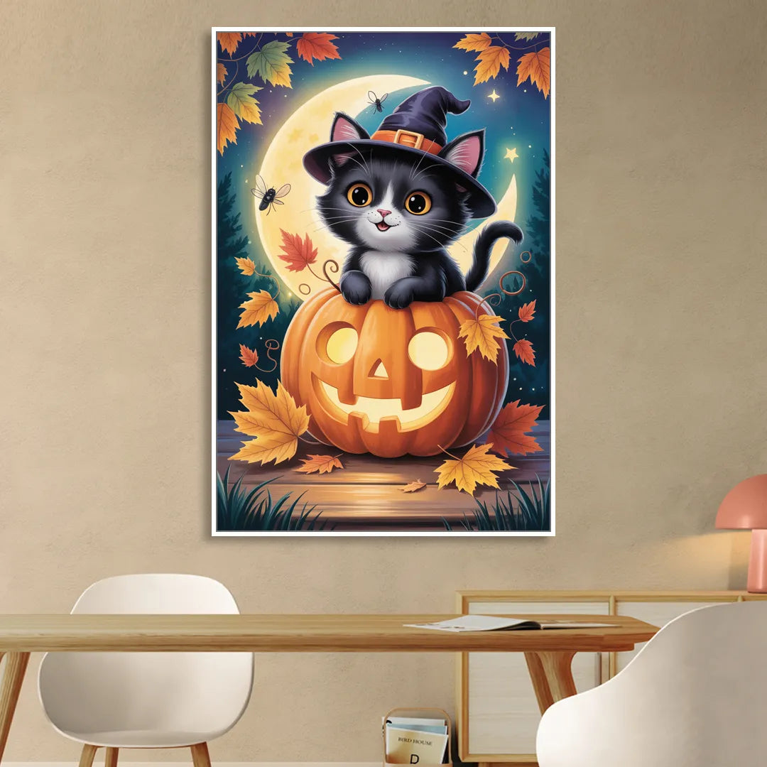 Whimsical Black Cat Cute Halloween Sitting Room - White Canvas Wall Art