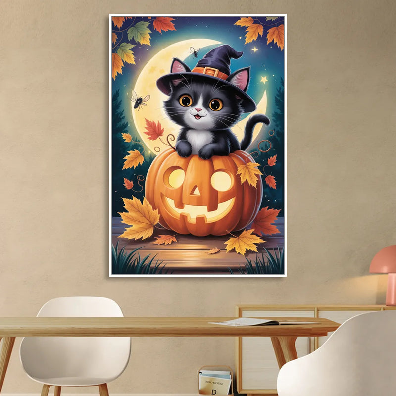 Whimsical Black Cat Cute Halloween Sitting Room - White Canvas Wall Art
