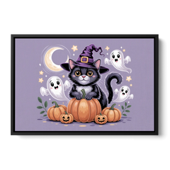 Whimsical Cat and Pumpkin Cute Halloween - Black Framed Canvas Wall Art - Front