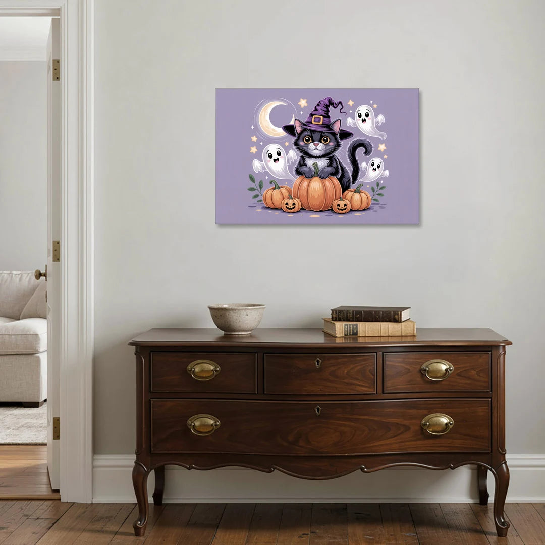 Whimsical Cat and Pumpkin Cute Halloween - Canvas Wall Art - Coffee Table - 36x24