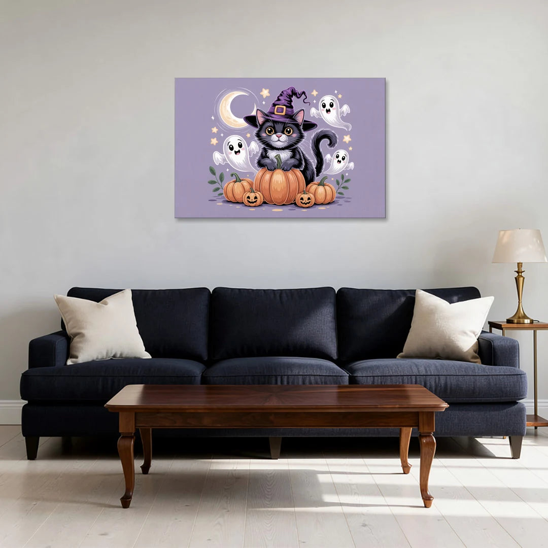 Whimsical Cat and Pumpkin Cute Halloween - Canvas Wall Art - Sofa - 36x24