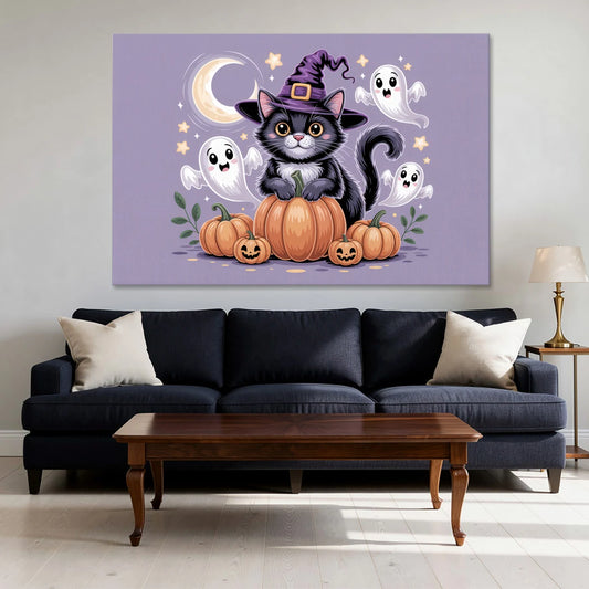 Whimsical Cat and Pumpkin Cute Halloween - Canvas Wall Art - Sofa - 60x40