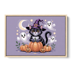 Whimsical Cat and Pumpkin Cute Halloween - Oak Framed Canvas Wall Art - Front