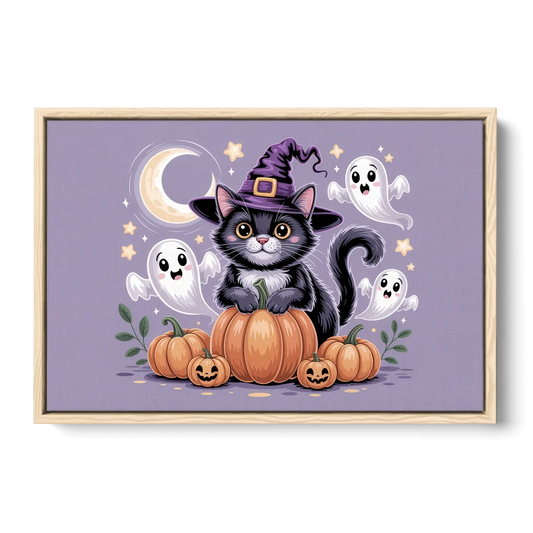 Whimsical Cat and Pumpkin Cute Halloween - Oak Framed Canvas Wall Art - Front