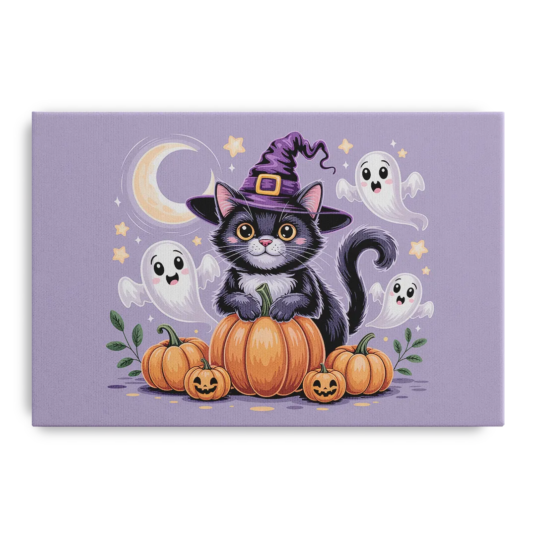 Whimsical Cat and Pumpkin Cute Halloween - Canvas Wall Art