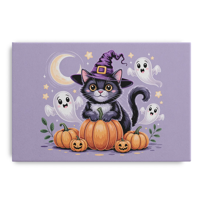Whimsical Cat and Pumpkin Cute Halloween - Canvas Wall Art