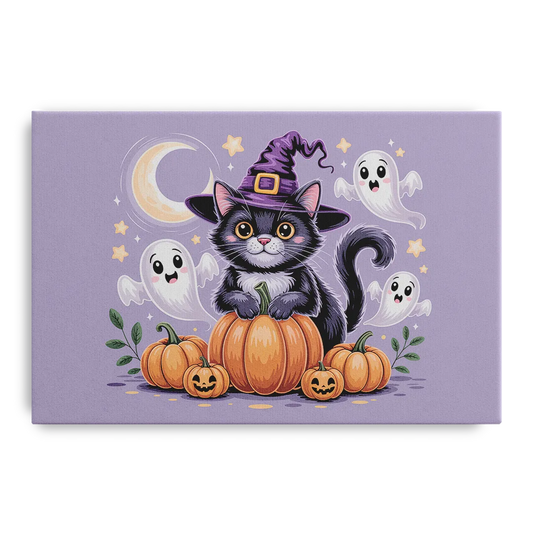Whimsical Cat and Pumpkin Cute Halloween - Canvas Wall Art