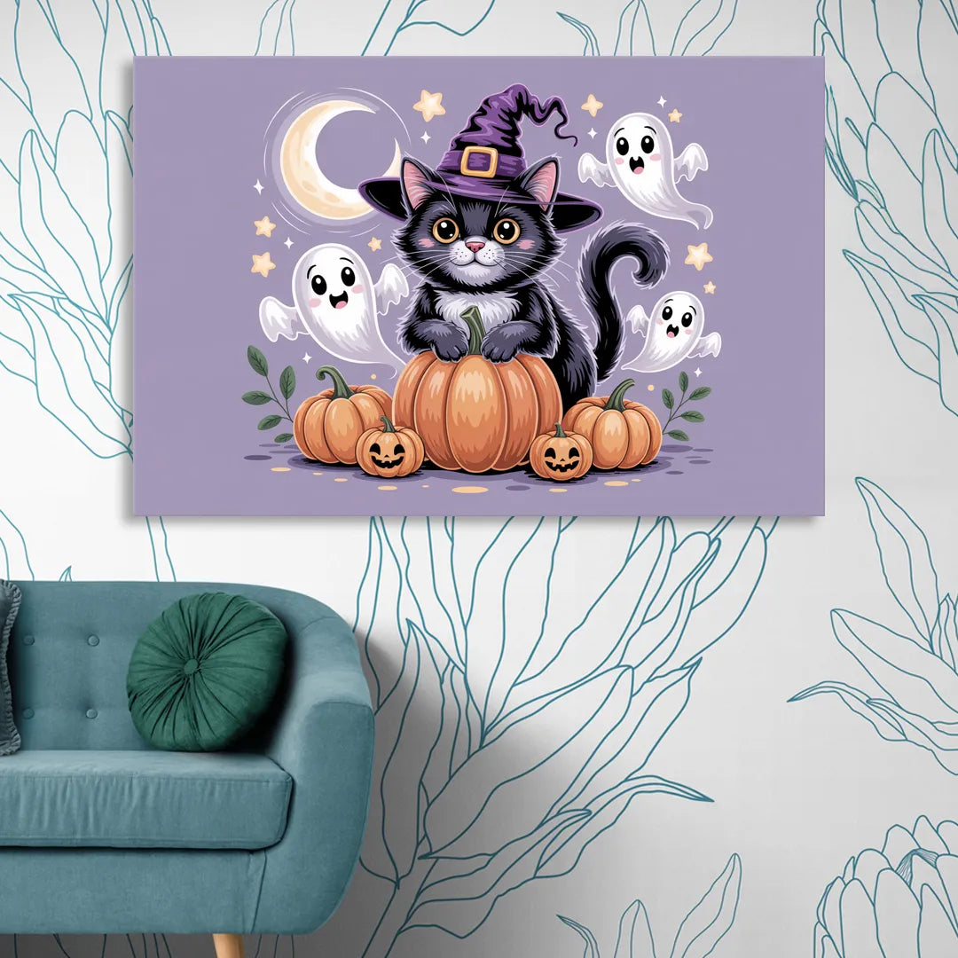 Whimsical Cat and Pumpkin Cute Halloween Sitting Room - Canvas Wall Art