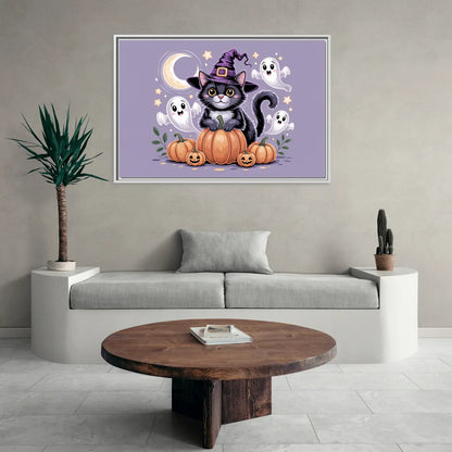 Whimsical Cat and Pumpkin Cute Halloween - Living Room White Frame Canvas
