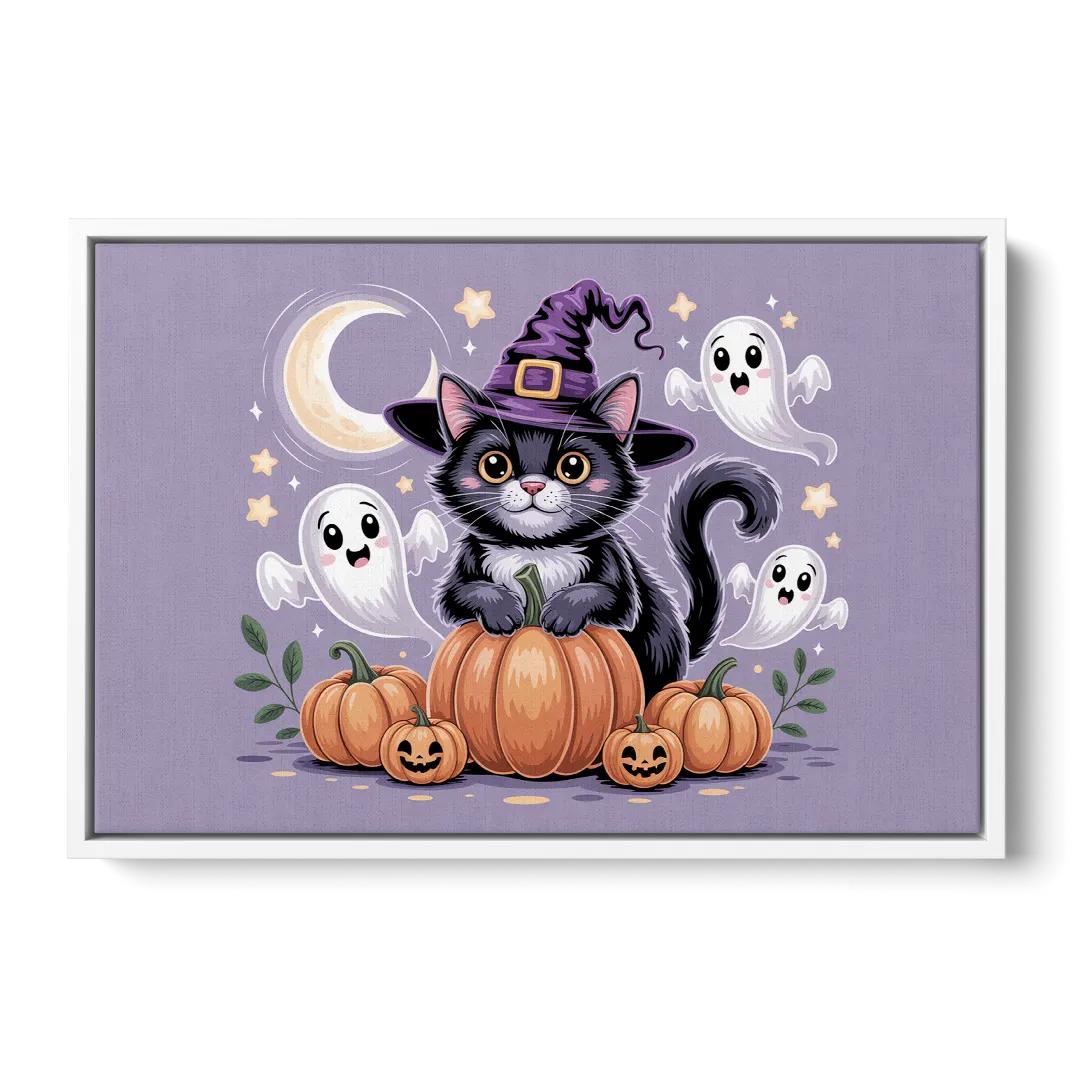 Whimsical Cat and Pumpkin Cute Halloween Front - White Canvas Wall Art