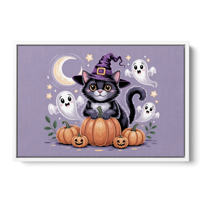 Whimsical Cat and Pumpkin Cute Halloween Front - White Canvas Wall Art