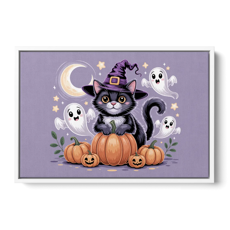 Whimsical Cat and Pumpkin Cute Halloween Front - White Canvas Wall Art