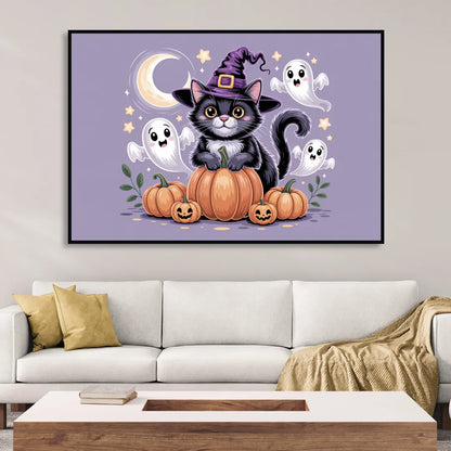 Whimsical Cat and Pumpkin Cute Halloween Living Room - Black Canvas Wall Art