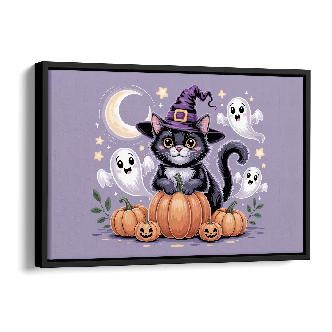 Whimsical Cat and Pumpkin Cute Halloween Side - Black Canvas Wall Art