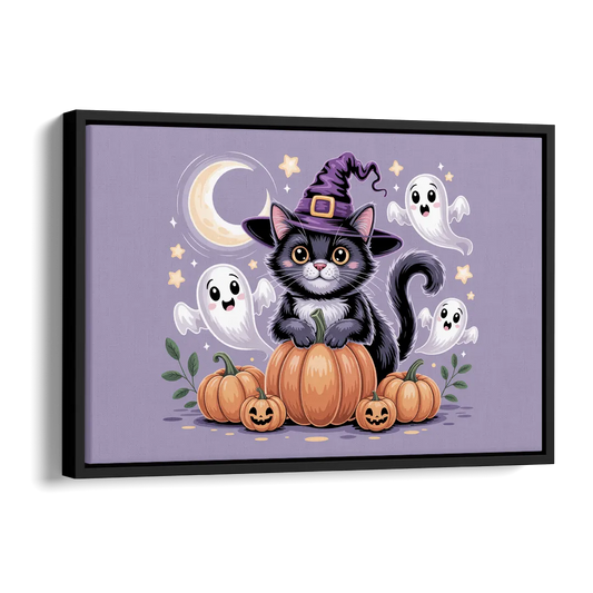 Whimsical Cat and Pumpkin Cute Halloween Side - Black Canvas Wall Art
