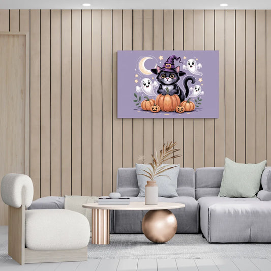 Whimsical Cat and Pumpkin Cute Halloween - Canvas Wall Art Living Room