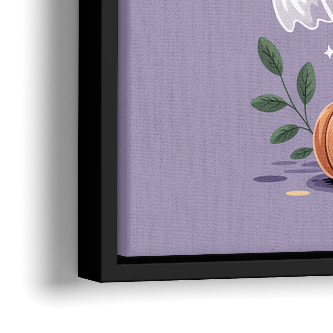 Whimsical Cat and Pumpkin Cute Halloween - Close-Up Black Frame Canvas