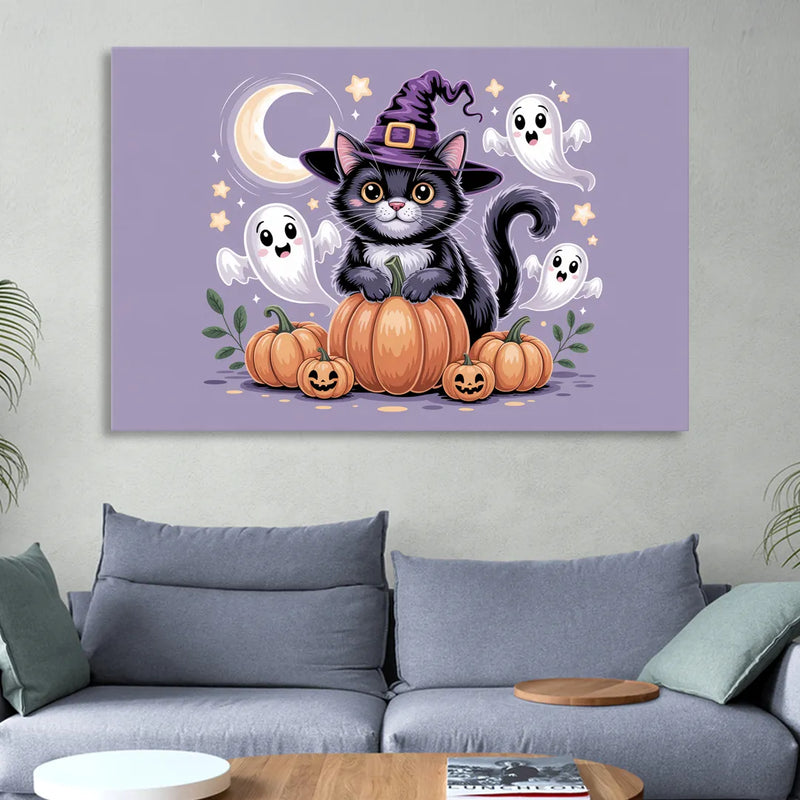 Whimsical Cat and Pumpkin Cute Halloween Living Room - Canvas Wall Art