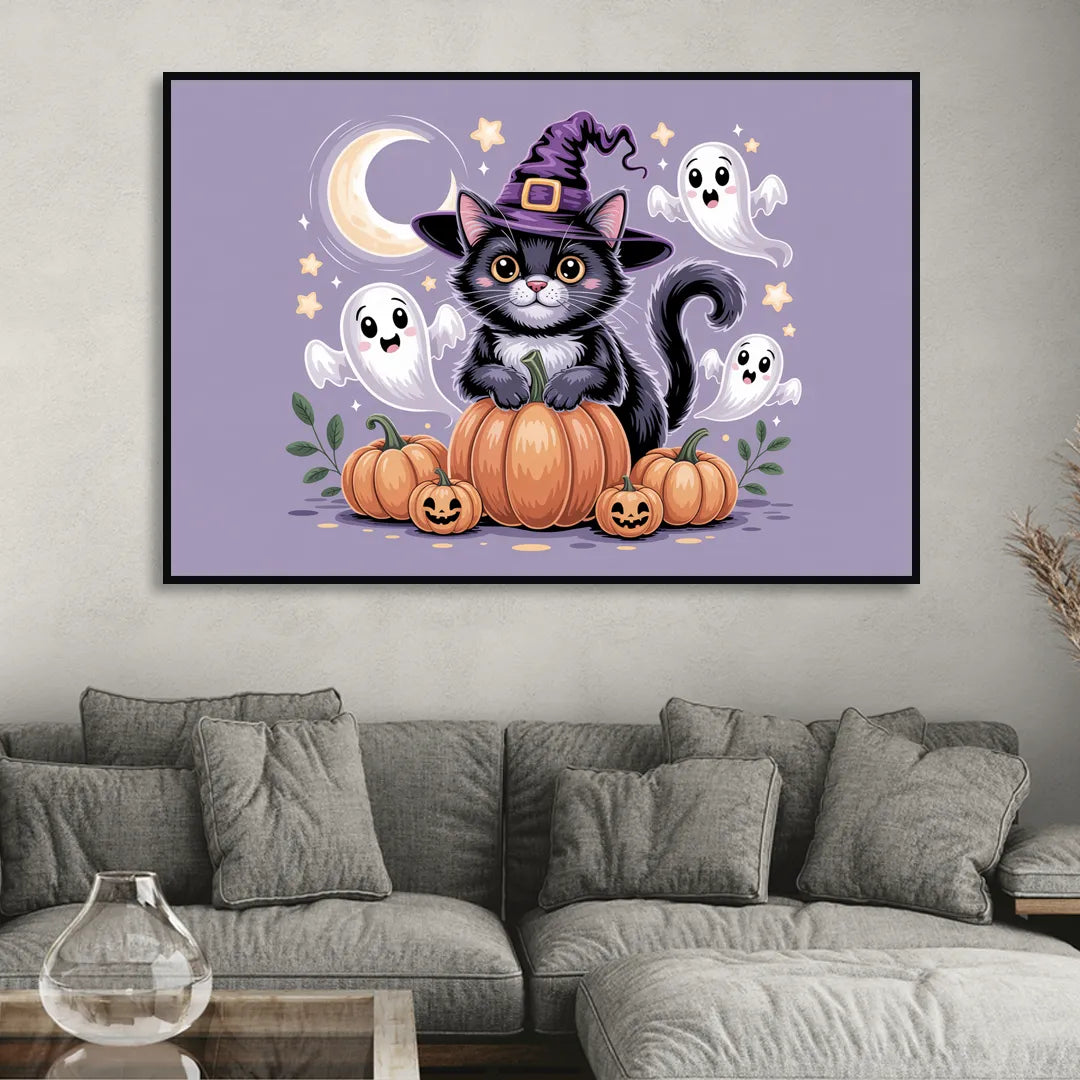 Whimsical Cat and Pumpkin Cute Halloween Sitting Room - Black Canvas Wall Art