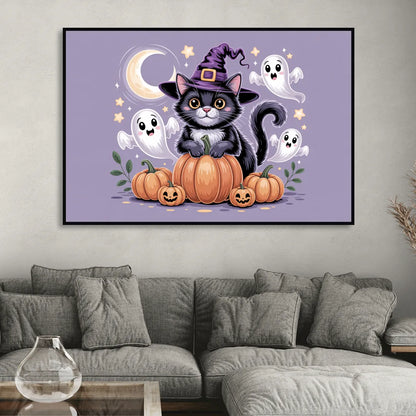 Whimsical Cat and Pumpkin Cute Halloween Sitting Room - Black Canvas Wall Art