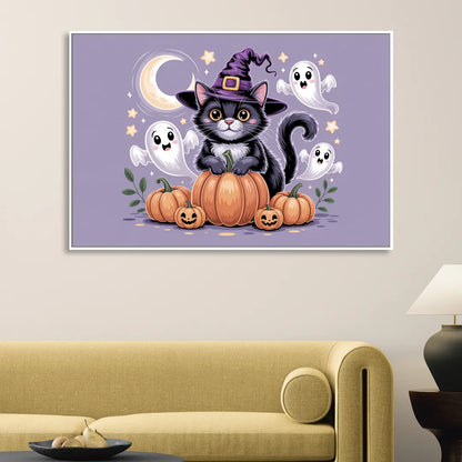 Whimsical Cat and Pumpkin Cute Halloween Sitting Room - White Canvas Wall Art