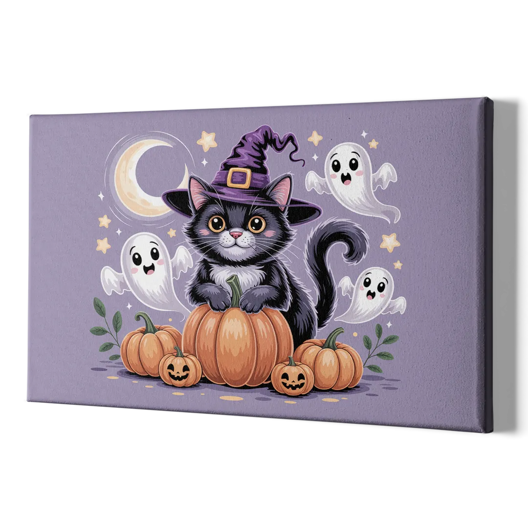 Whimsical Cat and Pumpkin Cute Halloween - Canvas Print Art Sides
