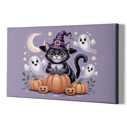 Whimsical Cat and Pumpkin Cute Halloween - Canvas Print Art Sides