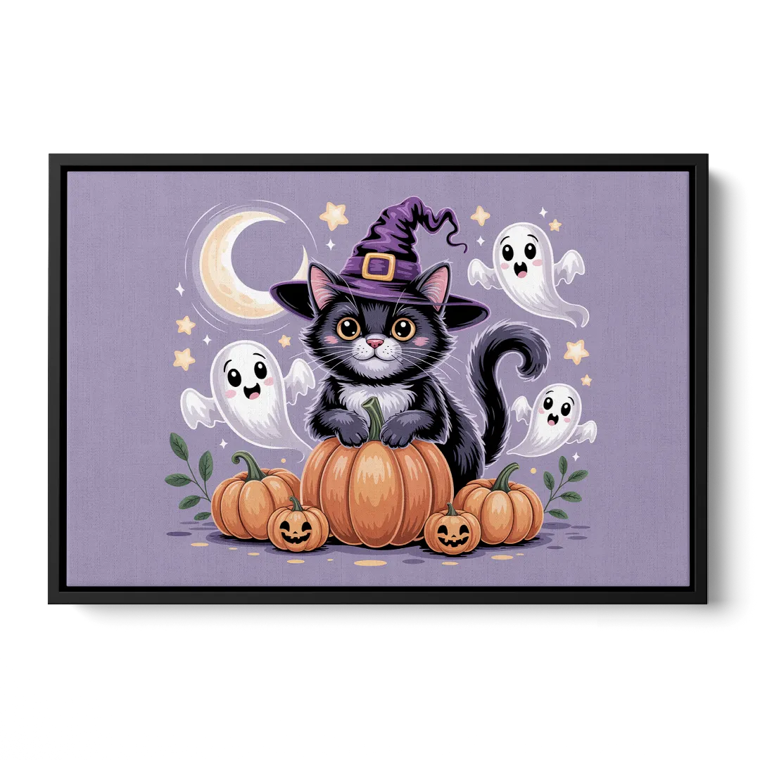 Whimsical Cat and Pumpkin Cute Halloween Front - Black Canvas Wall Art