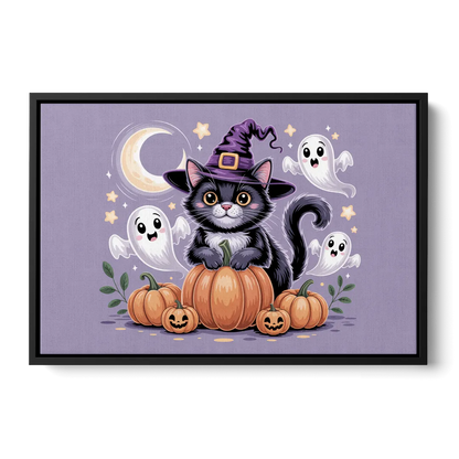 Whimsical Cat and Pumpkin Cute Halloween Front - Black Canvas Wall Art