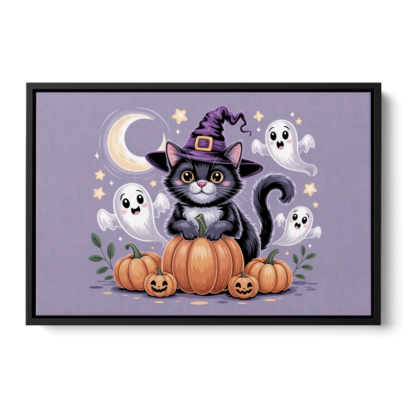 Whimsical Cat and Pumpkin Cute Halloween Front - Black Canvas Wall Art