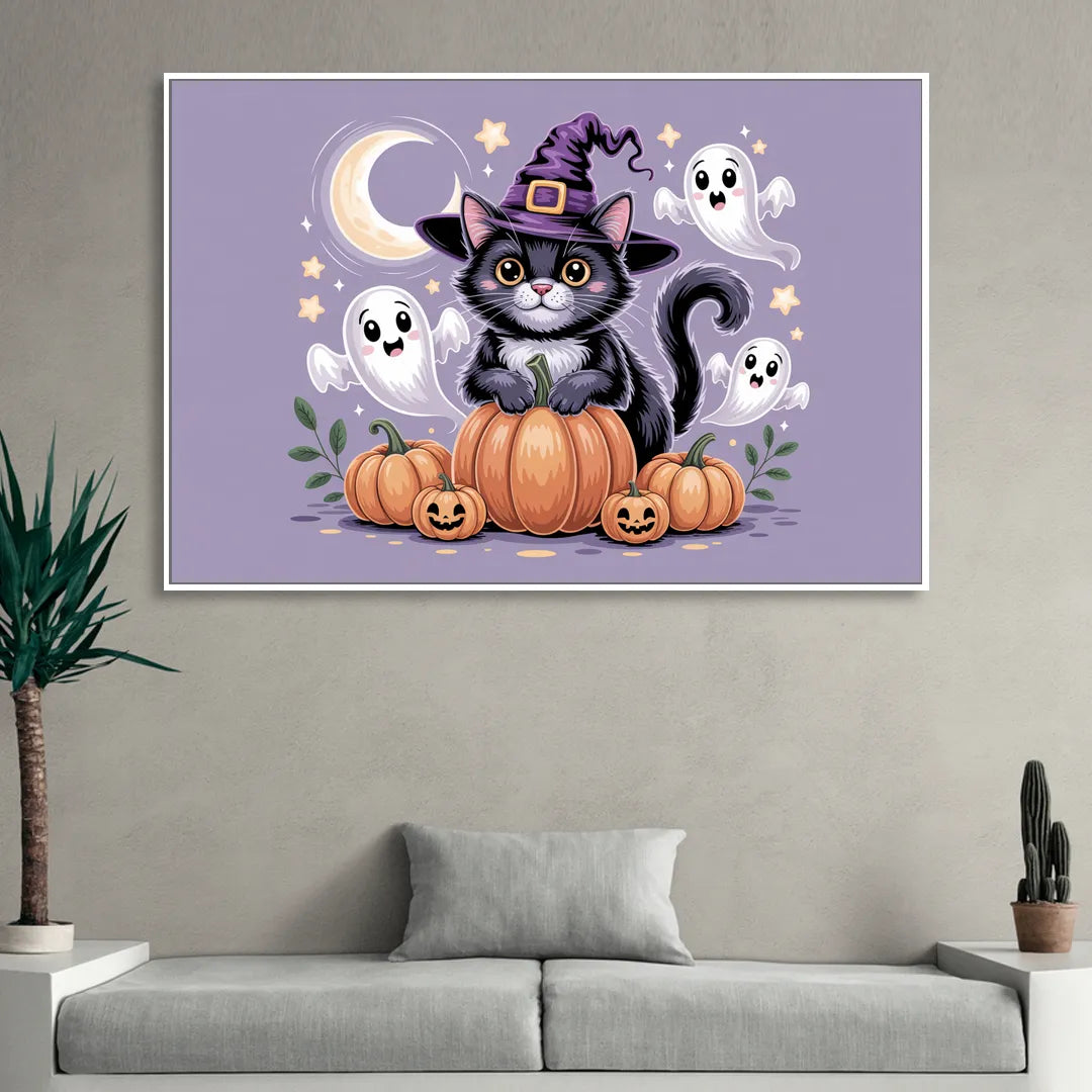 Whimsical Cat and Pumpkin Cute Halloween Living Room - White Canvas Wall Art