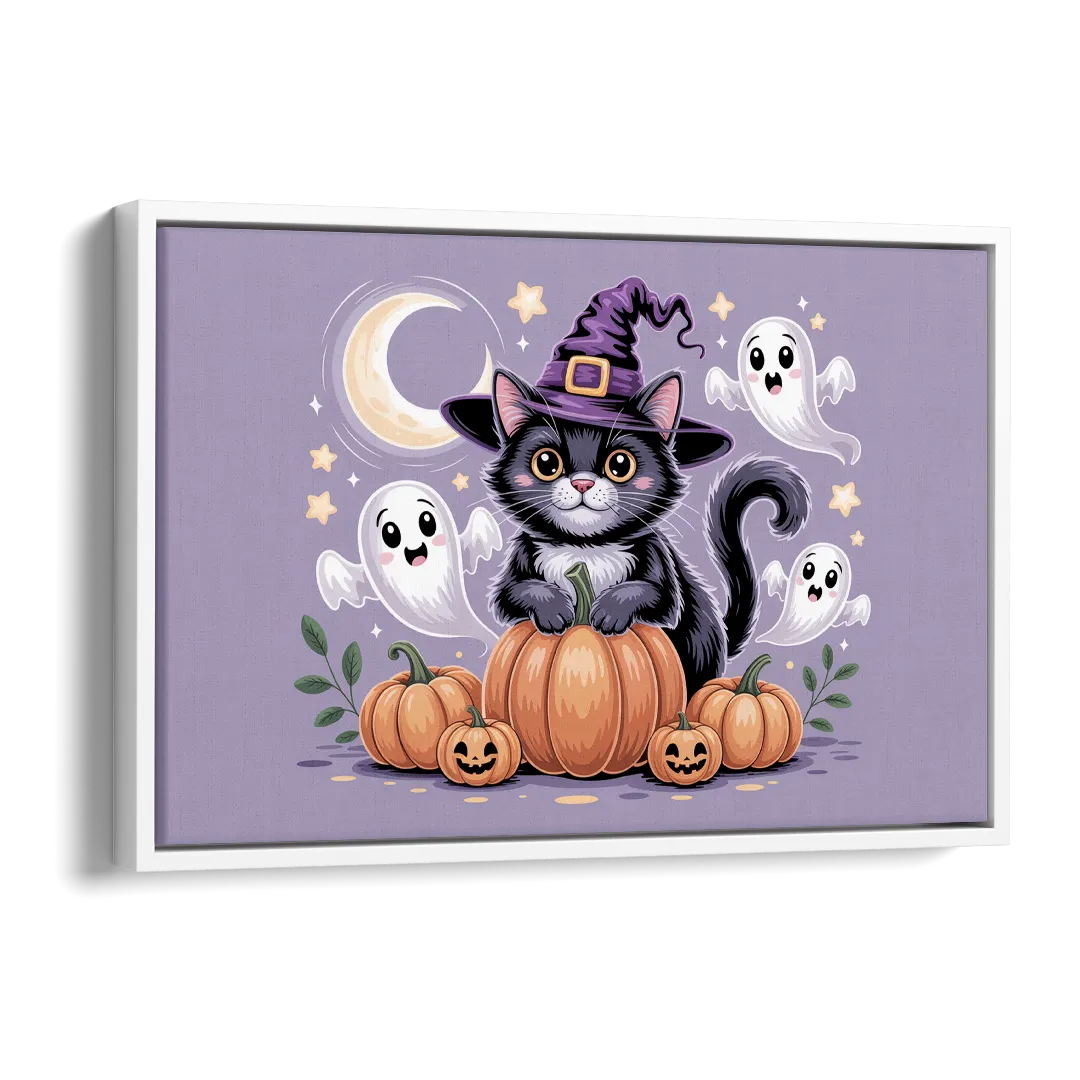 Whimsical Cat and Pumpkin Cute Halloween Side - White Canvas Wall Art