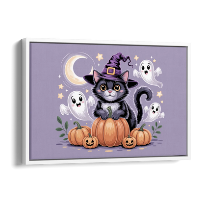 Whimsical Cat and Pumpkin Cute Halloween Side - White Canvas Wall Art